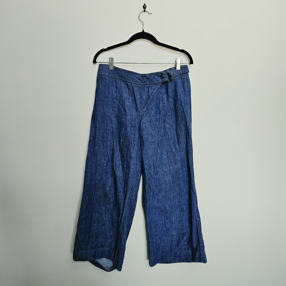 Anthropologie Elevenses Wide Leg Pants Womens 8 Blue Linen Blend Cropped